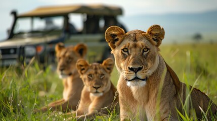 Obraz premium A pride of lionesses in the African savanna, with a safari vehicle in the background.