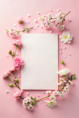 Elegant mockup blank squared paper on soft pink background with delicate flowers.