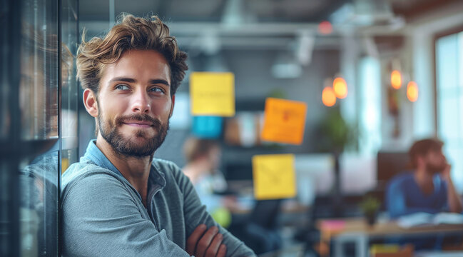 An energetic man with a go-getter attitude, brainstorming ideas in his lively tech startup office. Generative AI.