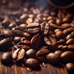 coffee beans background, Rich, Aromatic Coffee Beans Spilling Across a Rustic Wooden Table, A Mountain of Freshly Roasted Coffee Beans on a Worn Wooden Surface, Close-Up of Dark, generative ai