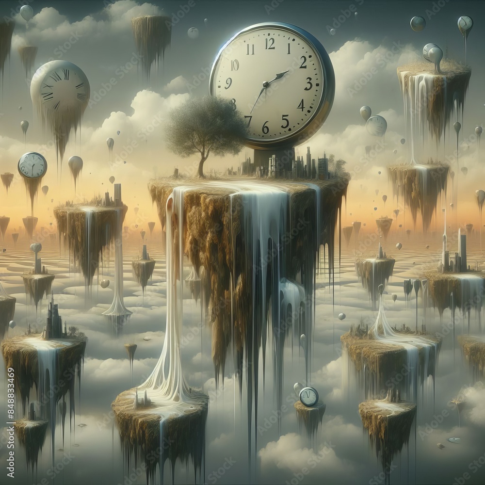 Poster surreal landscape of floating islands with melting clocks and a lone tree, set against a dreamlike s