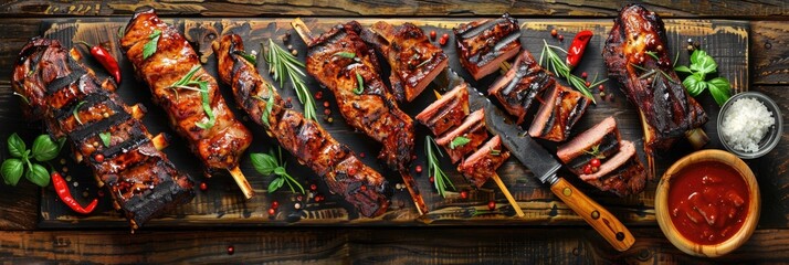 Meats Grill: Assorted BBQ Meats on Rustic Wooden Background with Aged Kitchen and Butcher Tools