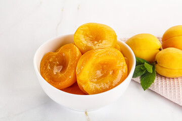 Few canned aprocots in the bowl