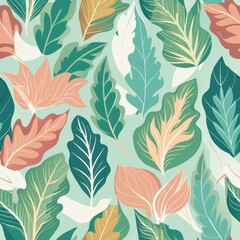 Seamless pattern of pastel-hued leafy greens with delicate textures, Generative AI