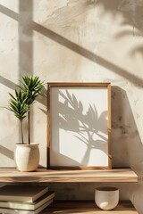 
a wooden shelf with an empty frame and a potted plant, in the style of light brown and beige, 8k resolution, matte photo mockup, 