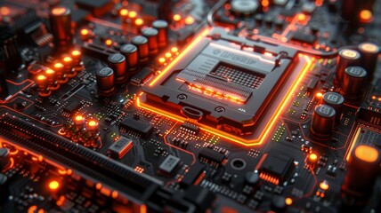 Close-up of a illuminated computer motherboard with glowing orange circuitry and electronic components, showcasing modern technology and intricate design detailsTechnology