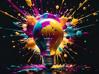 Light bulb with rainbow multicolor liquid explosion paint splash in yellow fuchsia blue on black background