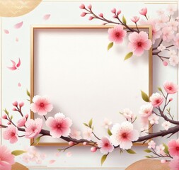 Fototapeta premium Floral frame with pink cherry blossoms on white background, ideal for spring and nature themes