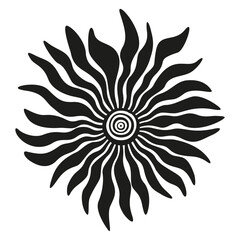 Stylized black flower with petals isolated on white background. Black and white colors. Minimalistic graphic print. Vector monochrome illustration.