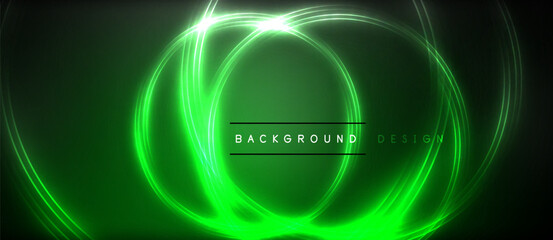 Neon glowing circle rays, light round lines in the dark, planet style neon wave lines. Energetic electric concept design for wallpaper, banner, background