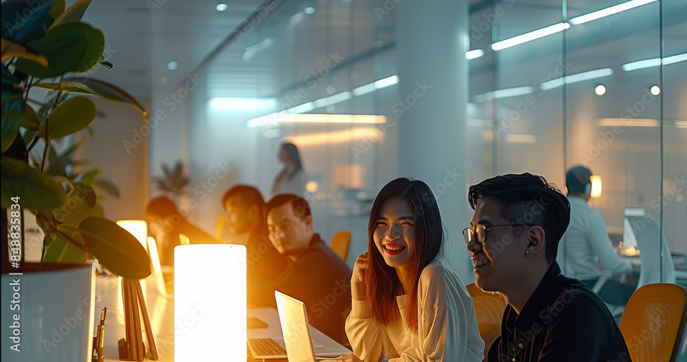 Poster group of people working in a luminous and vast office space with white ambience, at night. generativ