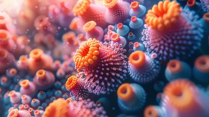 Fototapeta premium A photorealistic 3D background showcasing a microscopic world from a disassembled microscope's perspective. Colorful geometric shapes represent magnified biological structures like viruses or