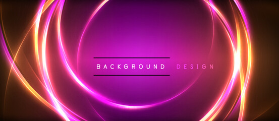 Neon glowing circle rays, light round lines in the dark, planet style neon wave lines. Energetic electric concept design for wallpaper, banner, background