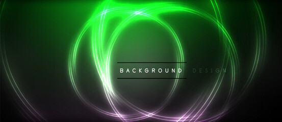 Neon glowing circle rays, light round lines in the dark, planet style neon wave lines. Energetic electric concept design for wallpaper, banner, background