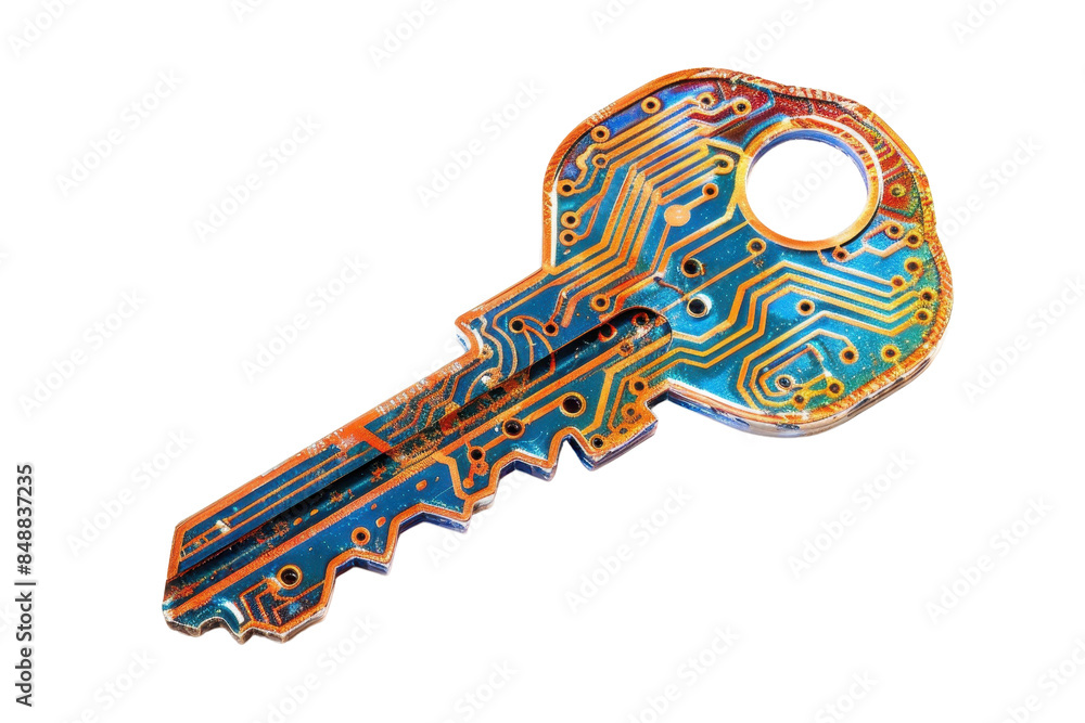 Aufkleber close-up of a futuristic key with an integrated circuit board design, symbolizing technology and dig