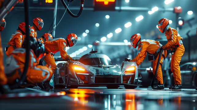 Professional pit crew ready for action as their team's race car arrives in the pit lane during a pitstop of a car race, concept of ultimate teamwork