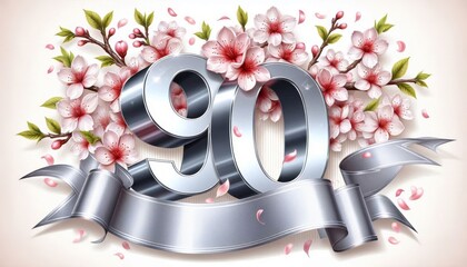 Elegant floral 90th birthday celebration with silver ribbon and pink cherry blossoms