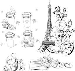Vector Eiffel tower in romantic style. French bakery, street food. Paris travel love vacation. Black silhouette for circuit