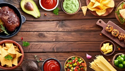 Top View of Wooden Table with Assorted Foods and Cooking Ingredients, Perfect for Recipes