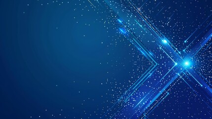 Fototapeta premium Blue background, blue arrow shape with geometric elements and light points