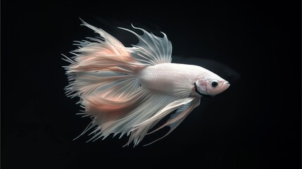 Obraz premium Elegant white Betta fish with flowing fins Stunning white Betta fish in dark aquarium Graceful white Betta fish swimming beautifully