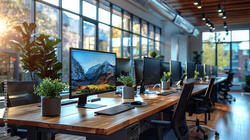 Leinwandbilder Office setup with several pc computer workstations. Generative AI.
