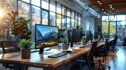 Office setup with several pc computer workstations. Generative AI.