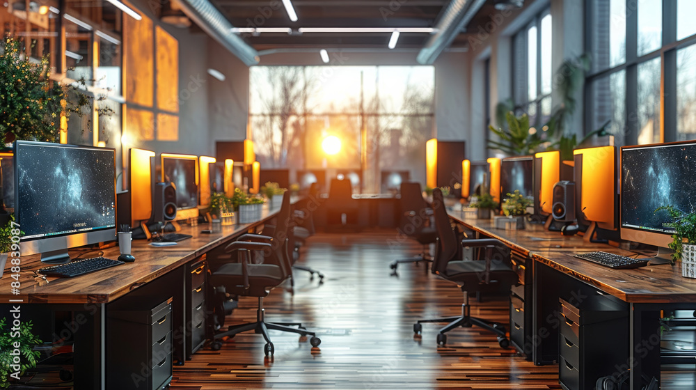 Fototapete office setup with several pc computer workstations. generative ai.