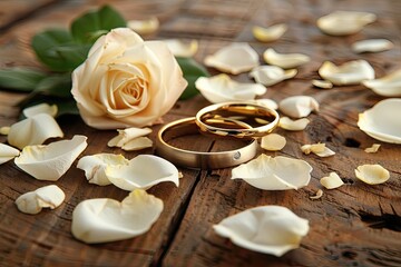Golden Wedding Rings with a Red Rose and Petals beautifully arranged on a Wooden Surface