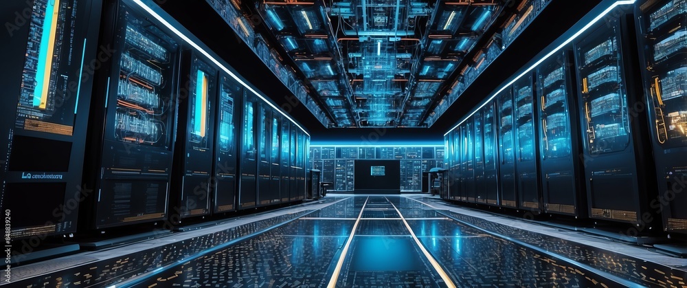 Wall mural A futuristic data center filled with illuminated server racks, illustrating modern technology, cybersecurity, and digital infrastructure