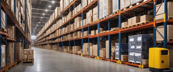 A large warehouse with tall shelves filled with boxes and pallets, ideal for storage, distribution, and logistics operations in an industrial setting