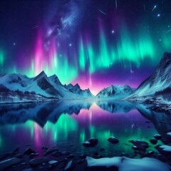 Stunning aurora borealis lighting up the night sky over snowy mountains and a reflective lake, creating a mesmerizing natural spectacle.. AI Generation