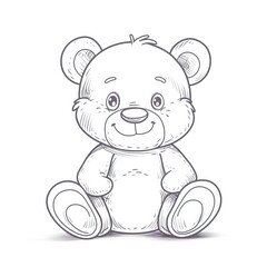 Obraz premium Cute bear toy. It is sitting. Simple vector illustration in style outline, Bear Drawing 