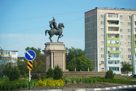 Kostanay, Kazakhstan - 06.04.2024 : Monument to the famous Kazakh batyr Shakshak Zhanibek.
