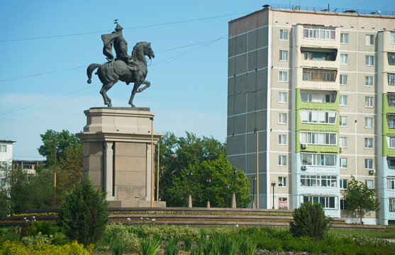 Kostanay, Kazakhstan - 06.04.2024 : Monument to the famous Kazakh batyr Shakshak Zhanibek.