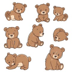 Obraz premium Cute cartoon brown bear cubs drawing set. Simple clip art illustration. Bear drawing