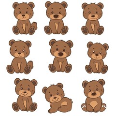Cute cartoon brown bear cubs drawing set. Simple clip art illustration. Bear drawing