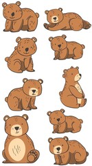 Fototapeta premium Cute cartoon brown bear cubs drawing set. Simple clip art illustration. Bear drawing