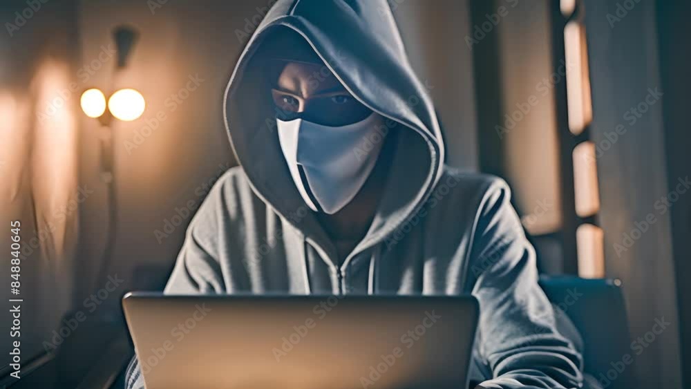 Poster hooded hacker figure using laptop at night generative ai