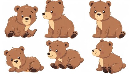 Obraz premium Cute cartoon brown bear cubs drawing set. Simple clip art illustration. Bear drawing