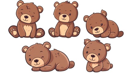 Cute cartoon brown bear cubs drawing set. Simple clip art illustration. Bear drawing