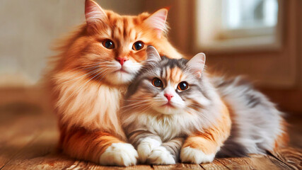 Portrait of happy cat friends, pet friendliness