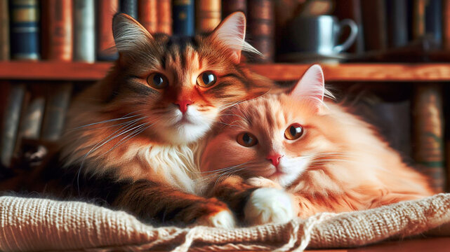 Portrait of happy cat friends, pet friendliness