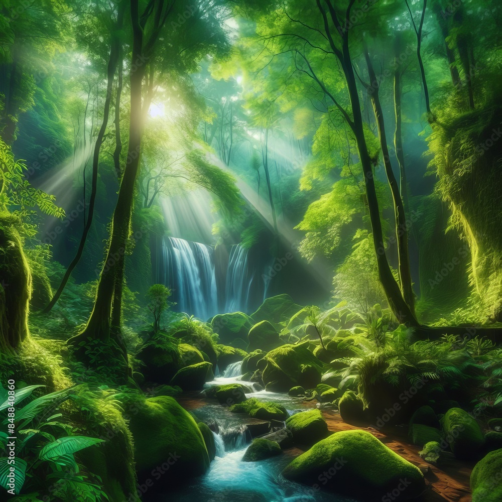 Poster sunlight filters through a dense forest canopy, illuminating a serene waterfall cascading into a mos