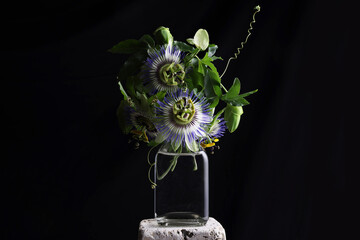 Primo piano di fiori di passiflora recisi in un vaso di vetro trasparente