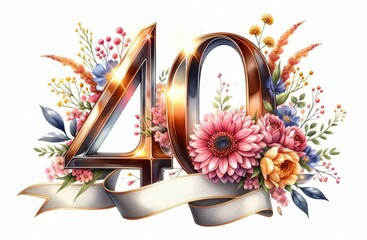 Elegant '40' birthday or anniversary design decorated with vibrant flowers and a ribbon banner.