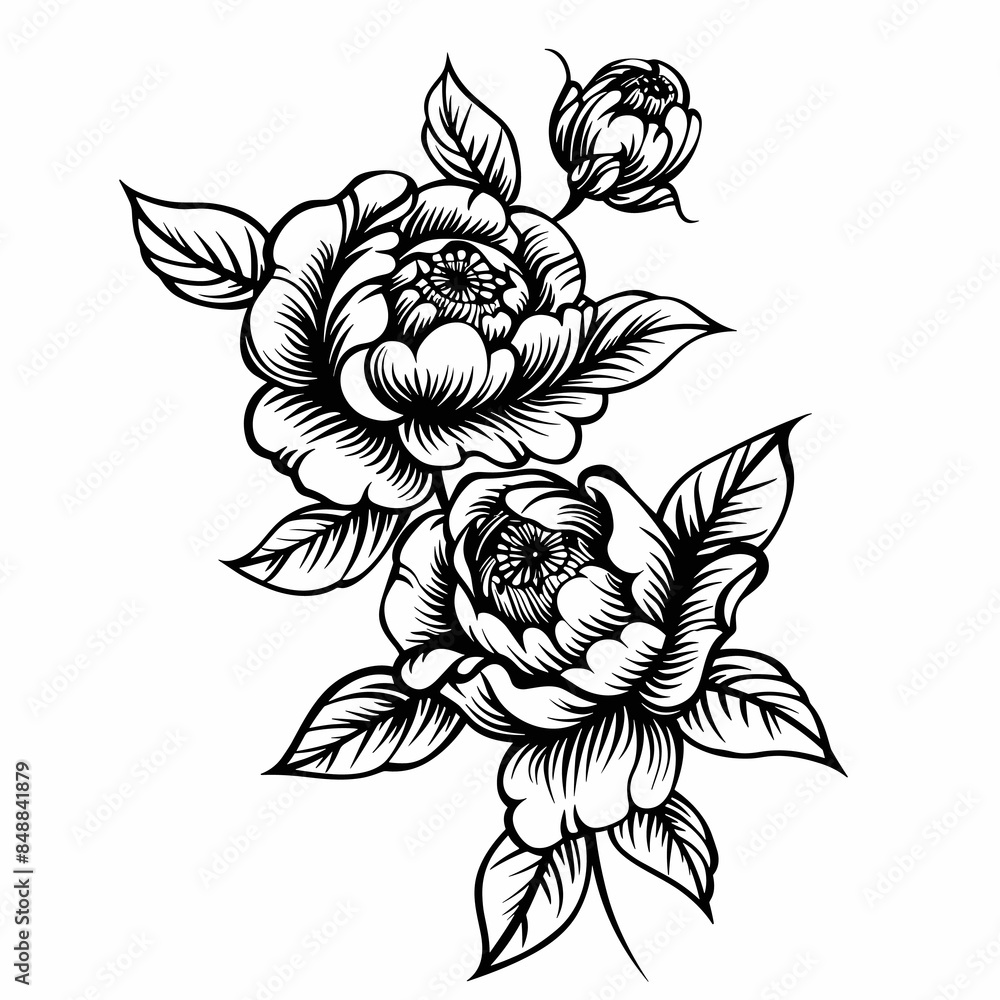 Wall mural black and white vector illustration in tattoo style - rose on a white background