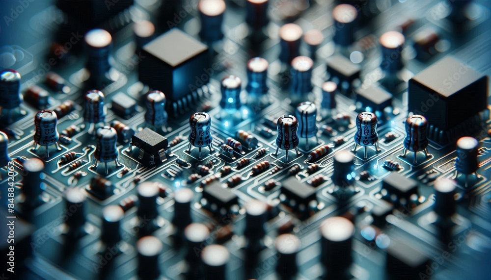 Aufkleber close-up of a complex and intricate electronic circuit board with various components and microchips.