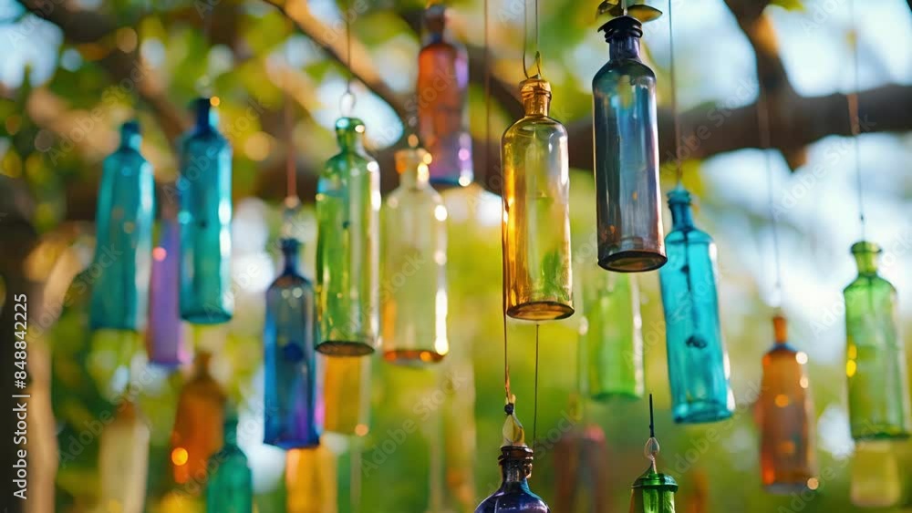 Poster a rustic wind chime made from repurposed glass bottles creating enchanting music with every breeze.