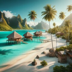 Stunning tropical beach with overwater bungalows, turquoise water, and lush mountains in the background. Perfect travel destination for relaxation and adventure seekers.. AI Generation